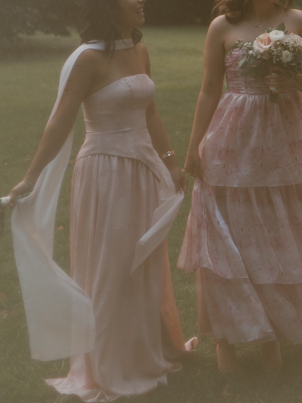 Blush Pink Asymmetrical Bodice Bridesmaid Dresses